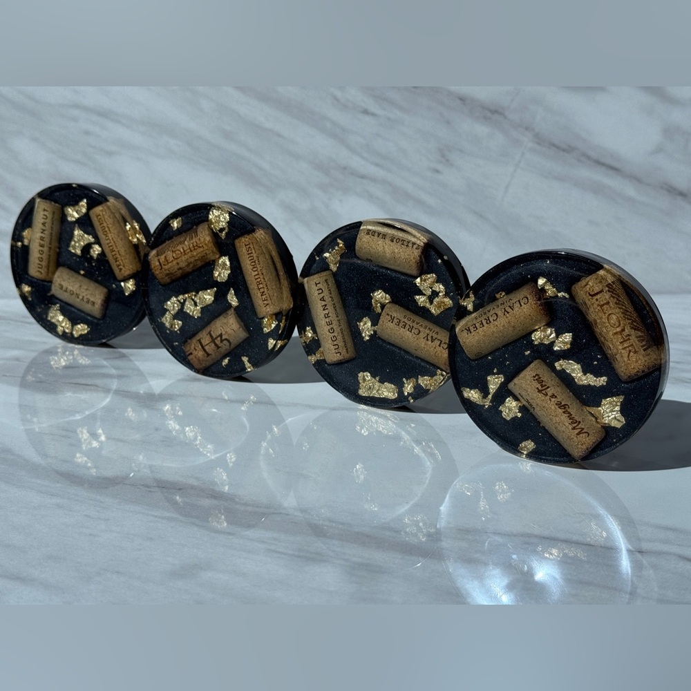 Set of 4 handmade resin Black and Gold Coasters with Cork  and gold leaf Accents